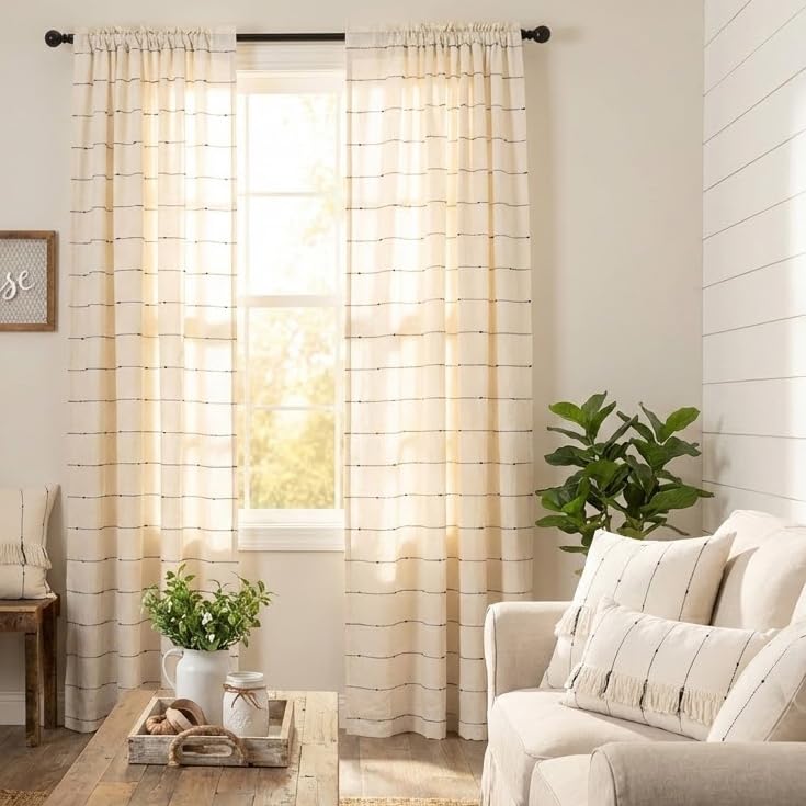 Piper Classics Farmcloth Stripe Panel Curtains, Set of 2, 84" Long, Urban Rustic Farmhouse Style Curtain, Natural Cream Woven w/Black Stripes - Image 1